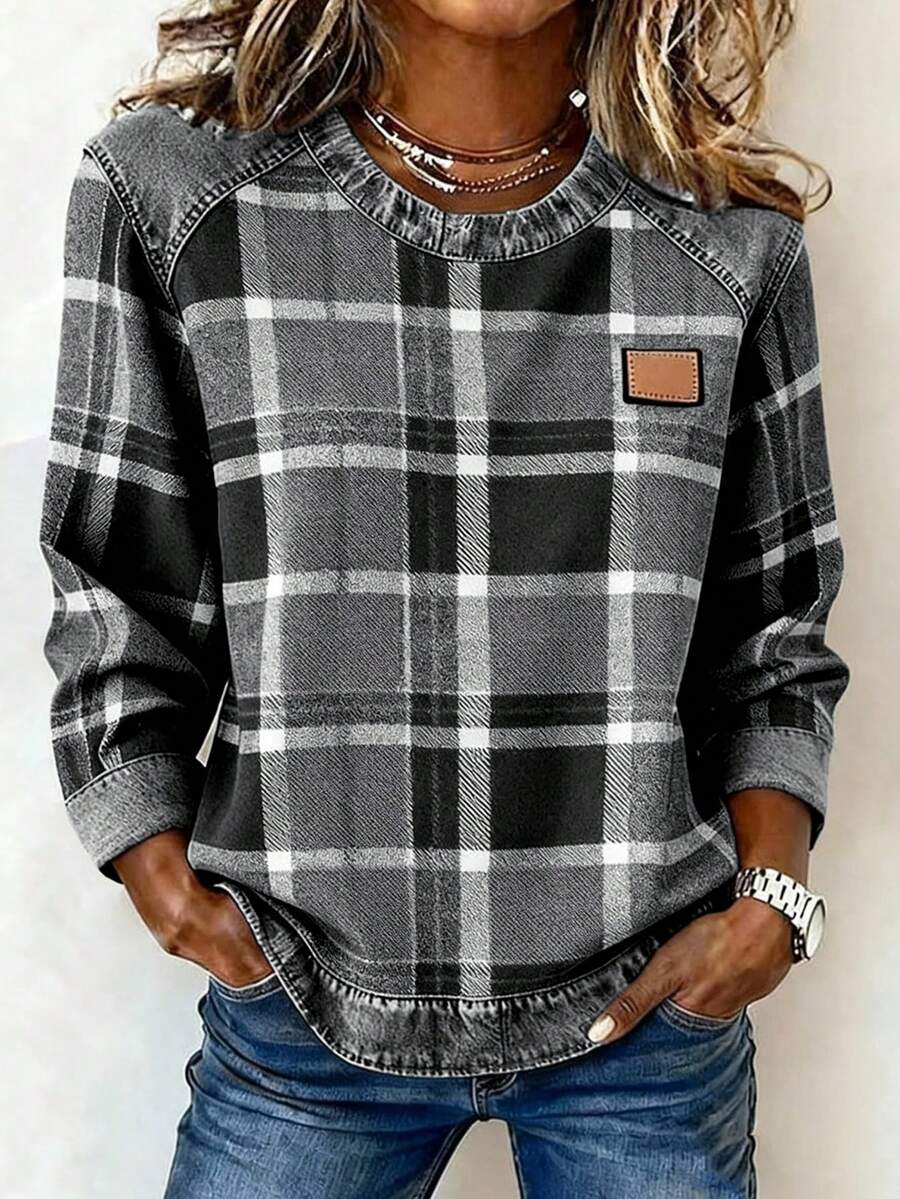 EMERY ROSE Camiseta de manga larga con estampado de parches, estilo universitario casual para mujer de talla grande, primavera/otoño - Multicolor - Ver 1