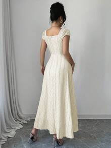Modelyn 女款方領短袖百褶復古法式白色洋裝，米白色夏季優雅婚禮賓客純色女士優雅洋裝 - 杏色 - 查看 2