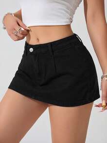 SHEIN ICON Women's Simple Casual Solid Color Slant Pocket Mini Denim Skirt, Summer - Black - View 7