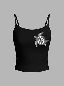 SHEIN EZwear 女士休闲性感吊带背心，紧身露背设计，海龟印花 - 彩色 - 查看 2