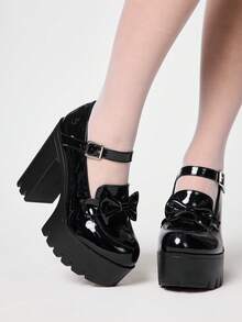 ROMWE Kawaii 女士哥特式漆皮厚底高跟鞋，朋克风格乐福鞋，单带、蝴蝶结和金属方扣装饰；性感女鞋，适合夜总会、派对和假日穿着。 - 黑色 - 查看 1