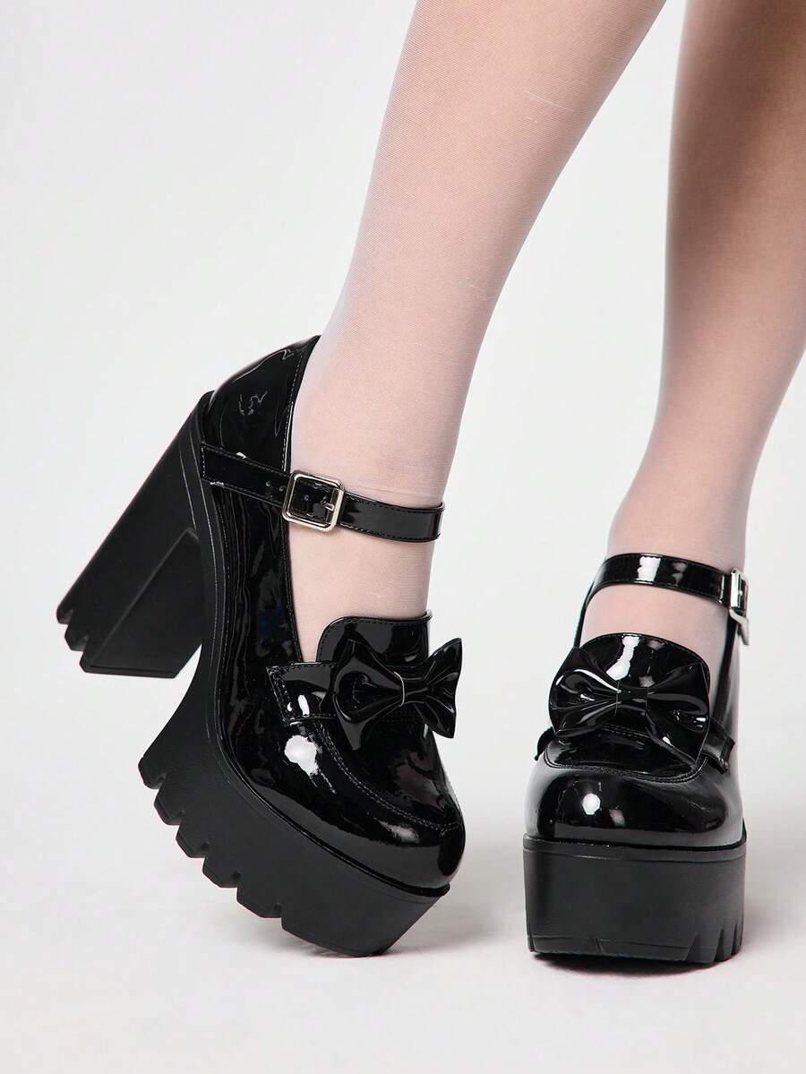 ROMWE Kawaii 女士哥特式漆皮厚底高跟鞋，朋克风格乐福鞋，单带、蝴蝶结和金属方扣装饰；性感女鞋，适合夜总会、派对和假日穿着。 - 黑色 - 查看 1