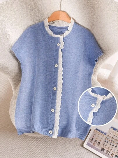 CosyJoli Plus Size Elegant French Style Casual Lace Patchwork 3D Knit Vest Cardigan Pullover Top For Women, Spring/Summer