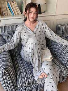Dazy Plus 2pcs Plus Size Women Casual Bow Print Loose Pajama Set, Comfortable Home Wear For Spring & Autumn - Grey - View 2