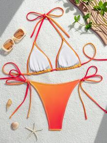 Swim Mod Bộ bikini tam giác đính cườm hoa văn ombre mùa hè mới dành cho nữ, kiểu cổ yếm, thích hợp cho kỳ nghỉ biển. - Nhiều màu - Xem 2