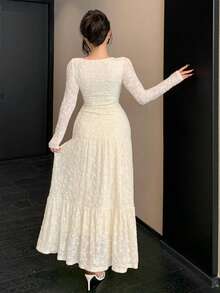 DAZY 春夏白色蕾丝连衣裙，优雅迷人，适合情人节、婚礼、派对、宴会、时尚活动等场合，修身剪裁，透视网纱，鱼尾下摆，长袖中长连衣裙，女士吊带裙 - 杏色 - 查看 7