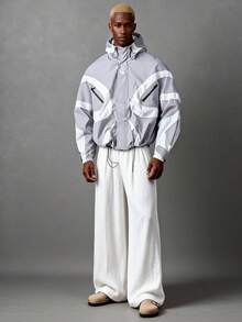 PAVTROS Contrast Color Patchwork Design Men's Hooded Long Sleeve Jacket, Light Windbreaker Y2k Techwear Jacket - Grey - View 1