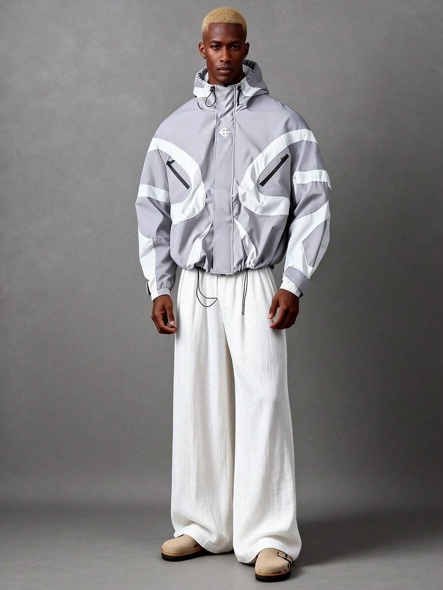 PAVTROS Contrast Color Patchwork Design Men's Hooded Long Sleeve Jacket, Light Windbreaker Y2k Techwear Jacket - Grey - View 1