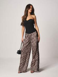 MISSGUIDED Leopard Print Satin Wide Leg Palazzo Trousers With Lace Trim Side Detail High Rise Flowy Pants For Fall Winter Evening Casual Wear - Brown - View 3