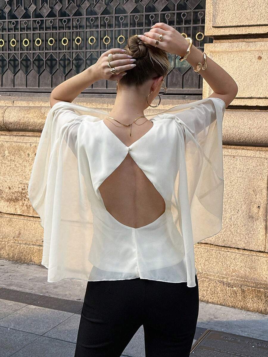Siren Gaze Women Chiffon Cape Sleeve Draped Cowl Neck Backless Ruched Waist Top, Shawl Collar Blouse, Elegant Shirt, White Draped Off Shoulder Blouse With Sheer Overlay Short Sleeves, Draped Top, Batwing Sleeve Top , White Tulle Blouse, Wedding, Summer - Apricot - View 1
