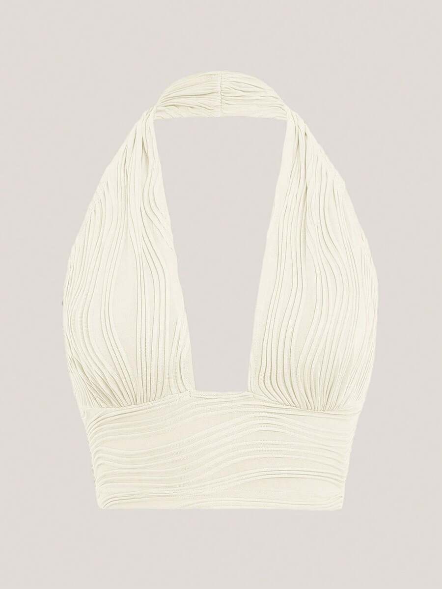 SHEIN ICON Solid Backless Crop Halter Y2k Top - Apricot - View 1