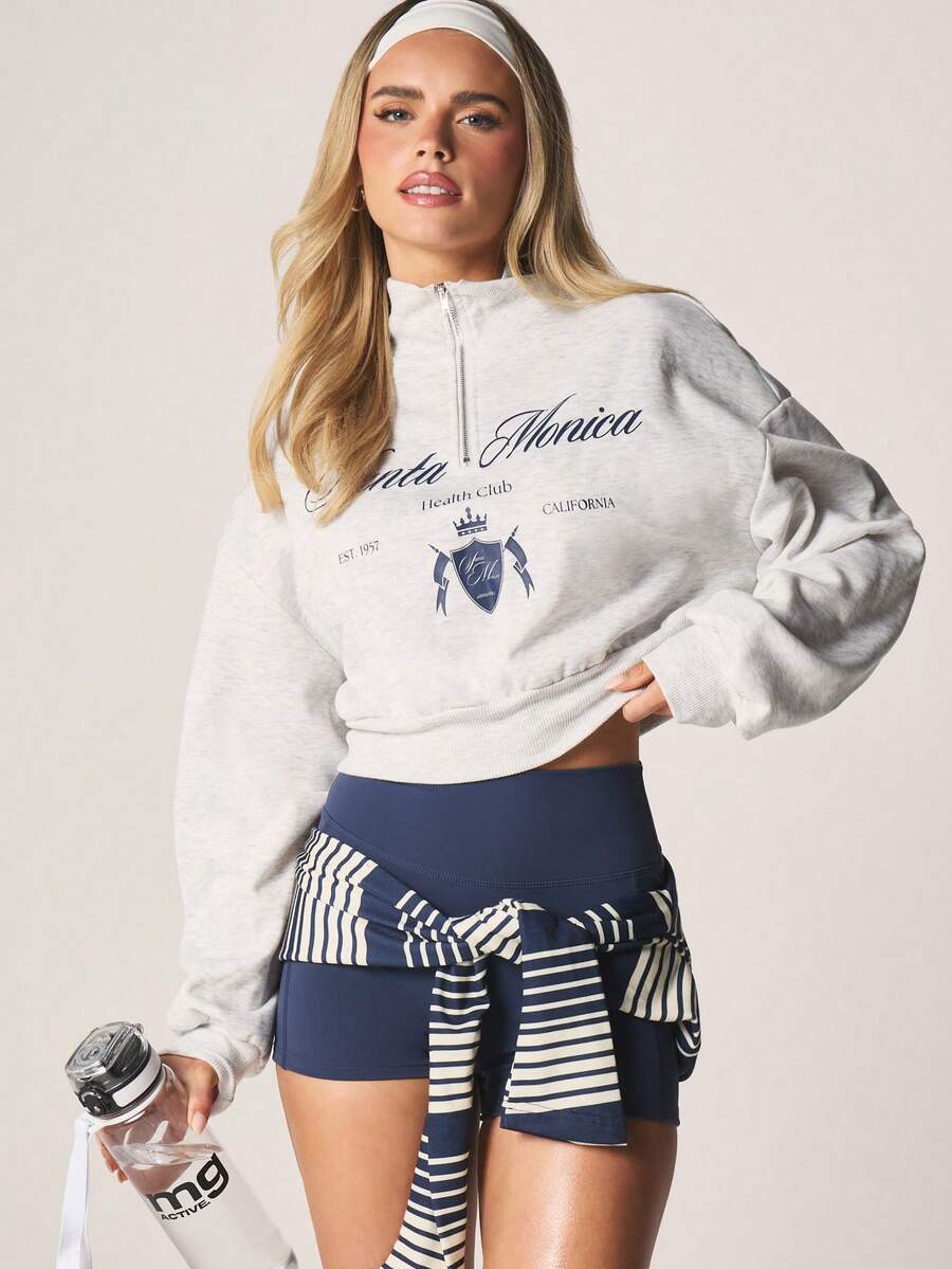 MISSGUIDED Quarter Zip Cropped Sweatshirt With Santa Monica Health Club Print And Ribbed Cuffs Fall Winter Casual Pullover Top - Grey - View 1