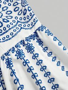 Sweetra 时尚度假风印花性感露背收腰吊带连衣裙，夏季 - 藍色 - 查看 7