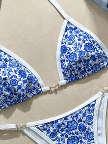 Swim Vcay 女士波西米亚印花沙滩瓷器图案，时尚休闲度假性感女士泳装套装，挂脖比基尼 - 藍白色 - 查看 6