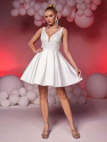 Lovelzi 优雅奢华的藏蓝色V领亮片拼接缎面长裙，宽松A字廓形，适合婚礼、派对、毕业典礼、舞会等场合（装饰繁复） - 白色 - 查看 7