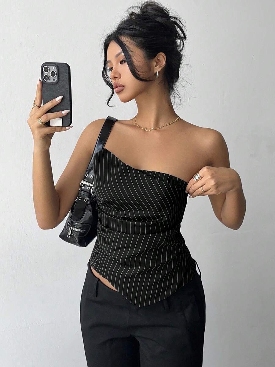Aloruh 女士秋冬新款通勤日常外出收腰紧身不对称褶皱条纹深灰色上衣 - 黑色 - 查看 1