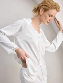 Ocili Leisure Silky Satin Lace V-Neck Long Sleeve Pants Comfortable Minimalist Women Pajama Set - White - View 2