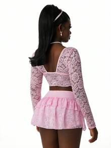 Amplova 2026 New Arrival Contrast Color Double Layer Lace Cup Bow Decor Lace Pink Bralette Long Sleeve Top - Multicolor - View 4