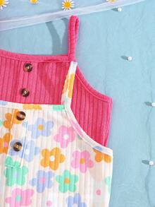 Young Girls Comfy Back To School Home Floral Jumpsuit /Set - Hot Pink - View 4