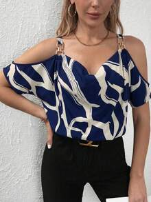 SHEIN Clasi Blusa con estampado total, detalle de cadena en los hombros descubiertos, parte superior con hombros descubiertos - Azul - Ver 3