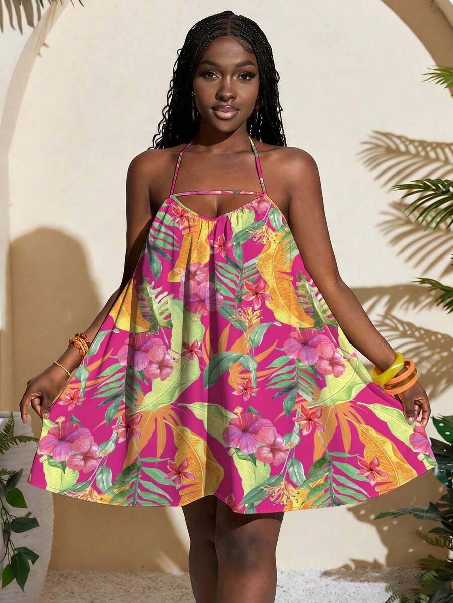 Slaydiva Spring/Summer Women's Sleeveless Halter Mini Dress/New Music Festival/Western /Boho/Easter/Nashville/Birthday/Graduation Student Daily/Casual All-Match Versatile Leisure/Cruise/Travel Beach Sunbathing/Vacation/Vibrant Floral Sleeveless Halter Mini Dress - Multicolor - View 1