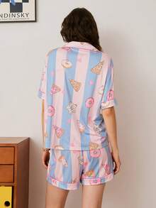 Young Energetic Cute Donut, Pizza, Lollipop Striped Print Lapel Cardigan Women Pajama Set - Multicolor - View 2