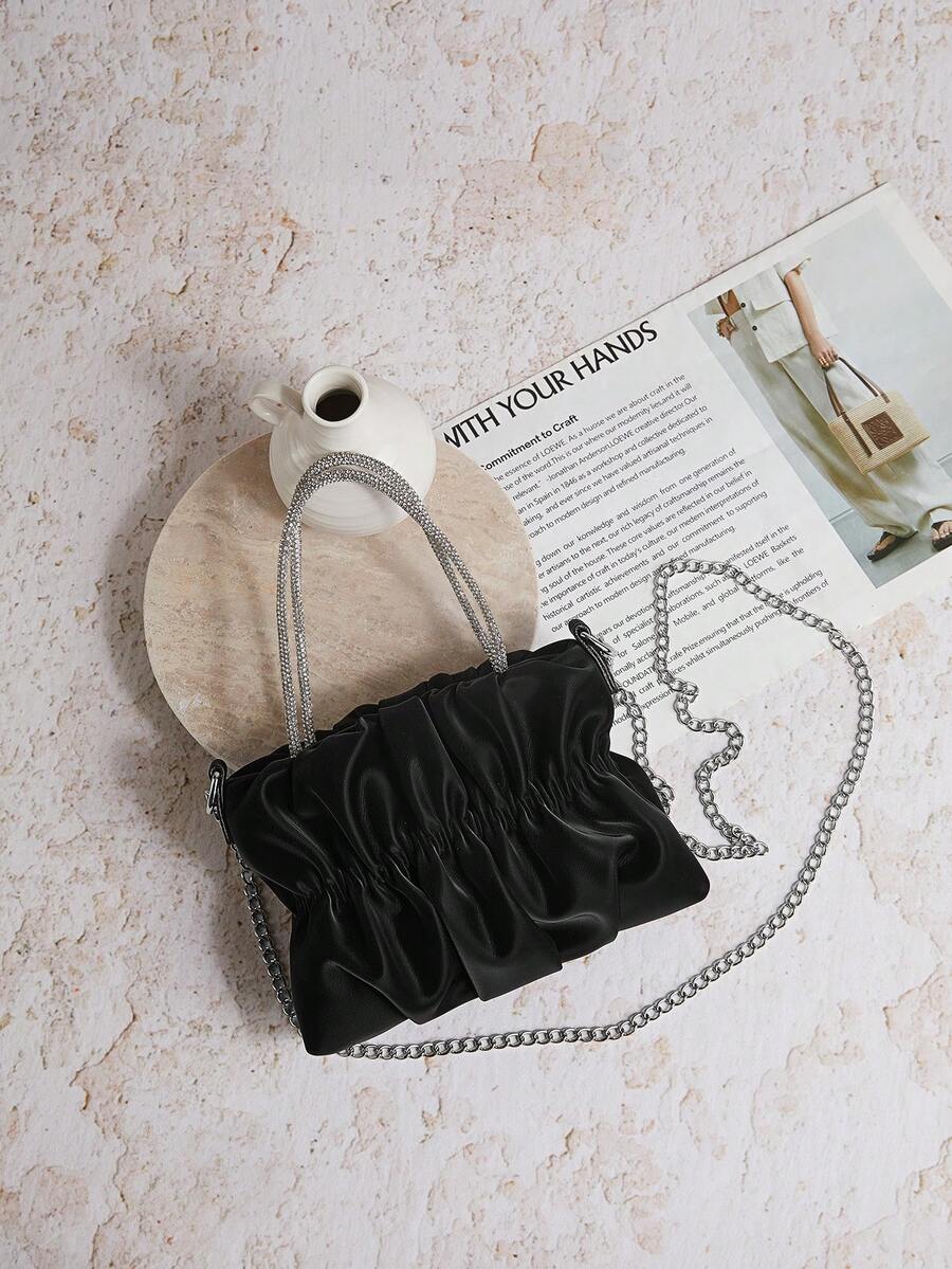 Enchnt 1pc PU Leather Bag, Party Handbag, Ruched Cloud Shaped Purse, Chain Crossbody Shoulder Bag - Black - View 1