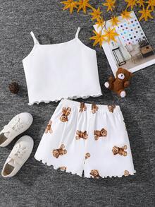 SHEIN Tween Girl Bear Pattern Knit Camisole And Shorts 2 Pieces Pajama Set - White - View 2