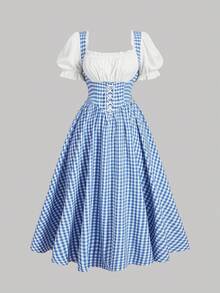 SHEIN MOD Plus Size Summer Retro Blue Plaid Patch Dress For Women, Summer,Milkmaid Dress With Corset Waist And Puff Sleeves Picnic Dress - Blue and White - View 7