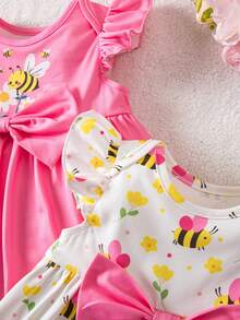 SHEIN 2pcs Newborn Baby Girl Cute Cartoon Pattern Bow Tie Ruffle Sleeve Knit Dress, Pink - Pink - View 9