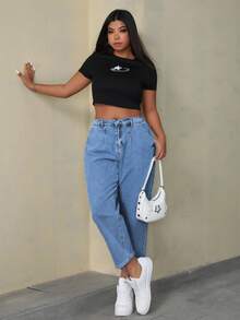 SHEIN ICON Jeans sueltos y casuales de unicolor talla grande con bolsillos, versátiles para uso diario - Lavado ligero - Ver 6