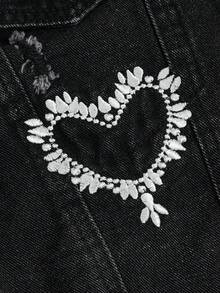SHEIN MOD Heart Embroidery Ripped Raw Hem Denim Jacket - Black - View 3