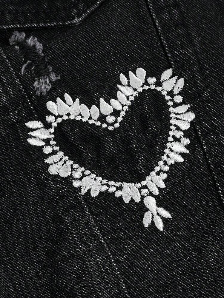 SHEIN MOD ハート刺繡 ダメージ加工 裾切りっぱなし デニムジャケット