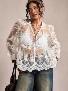 SHEIN LUNE 刺绣贝壳纽扣薄纱大码女式灯笼袖衬衫，适合嘉年华派对、海滩休闲、情人节等场合 - 白色 - 查看 7