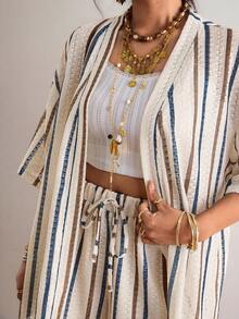 Freevana 大码女式夏季沙滩度假撞色条纹印花宽松上衣和短裤两件套 - 米色 - 查看 2