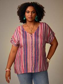 EMERY ROSE Plus Size Women's Pink Summer Boho Vacation Colorful Striped V-Neck Short Sleeve Button Decor Blouse,Simple Fashionable Early Spring Holiday Top - Multicolor - View 1