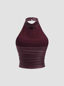 Sweetra Top sin espalda de unicolor con cuello halter, verano - Burdeos - Ver 2