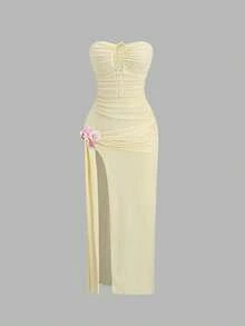 Sweetra Rochie lungă fără mâneci, stil boem, cu șnur, cu decor fluture și orhidee, model floral, model floral, model floral, material texturat galben, ținută casual de resort - Galben - Vizualizare 1