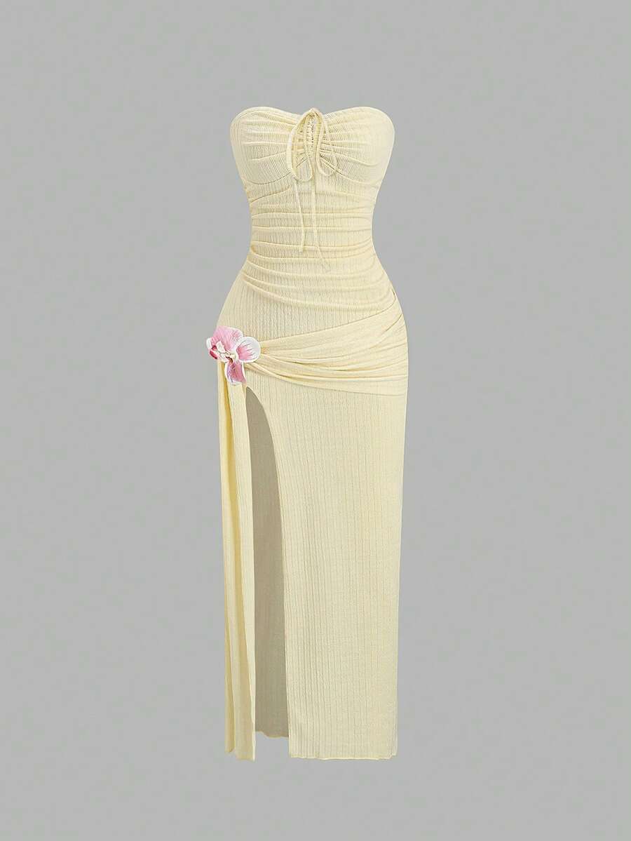 Sweetra Rochie lungă fără mâneci, stil boem, cu șnur, cu decor fluture și orhidee, model floral, model floral, model floral, material texturat galben, ținută casual de resort - Galben - Vizualizare 1
