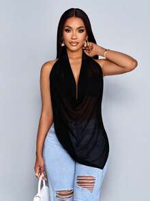 SOLERSUN 夏季海滩女士音乐会女士锐舞节乡村音乐会伊比沙优雅度假女士波西米亚极简主义辣妹露背摇摆性感雪纺吊带垂褶上衣衬衫纳什维尔。 - 黑色 - 查看 6