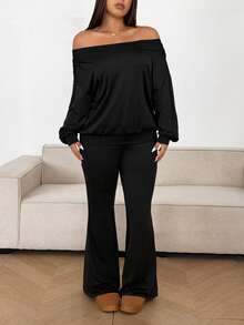 SHEIN PETITE CURVE Plus Size Women's Casual Everyday Commute Simple Solid Color Off-Shoulder Top And Flare Leg Pants 2-Piece Set, Spring/Autumn - Black - View 4
