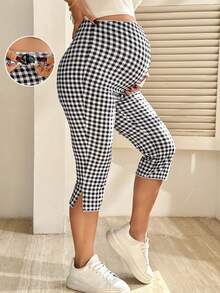 SHEIN Maternity Casual Plaid Adjustable Waist 7/8 Leggings - Black and White - View 1