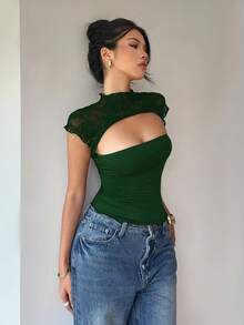 Siren Gaze 女士时尚性感纯色蕾丝拼接镂空紧身T恤上衣，夏季 - 墨綠色 - 查看 7