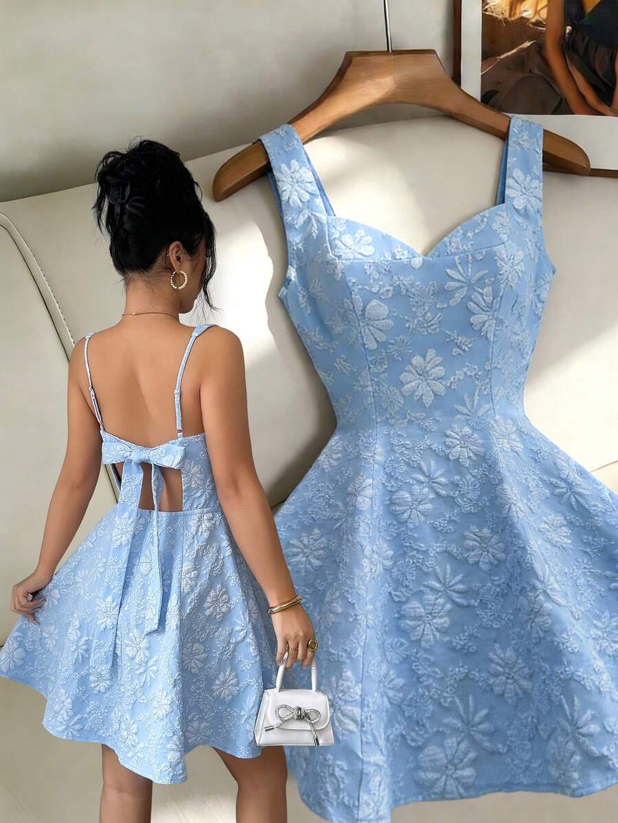 Elenzga New Square Neck Sleeveless Jacquard Backless Tie Design Elegant Young Versatile Women Short Dress - Blue - View 1