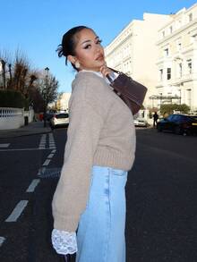 NegzBox Autumn New Loose Casual Lace Patchwork Women Sweater - Brown - View 3