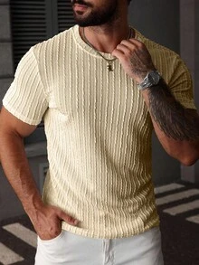 SLATEMANN Men's Solid Color Textured Crew Neck Short Sleeve Casual Versatile T-Shirt - Apricot - View 5