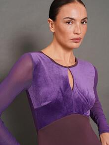 Activina Women's Velvet Round Neck Long Sleeve Fitted Hollow Out Sheer Ballet Leotard - Purple - View 5