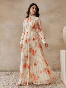 Anewsta New Arrival Spring Vacation Floral Print Pleated Elegant Dress - Coral Pink - View 6
