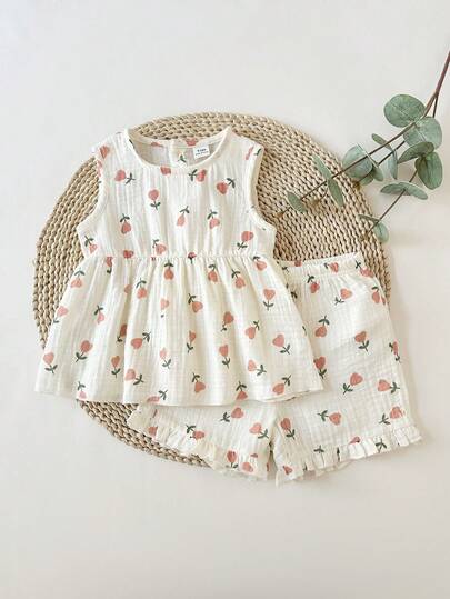 SHEIN 2pcs/Set Baby Girls Casual Cute Floral Print Round Neck Ruffle Sleeveless Top And Elastic Waist Shorts Set, Suitable For Spring/Summer Outings, Vacation, Travel, Comfortable & Versatile
