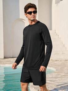 Manfinity VDAYZ Áo chống nắng dài tay màu trơn tối giản dành cho nam, Áo chống nắng dài tay màu đen cho nam, Áo bơi dài tay cho nam, Bộ hai mảnh màu đen cho nam - màu đen - Xem 4